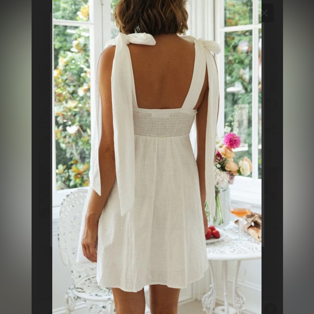 White Cotton Linen Tie Strap Babydoll Dress - Picture 8 of 14